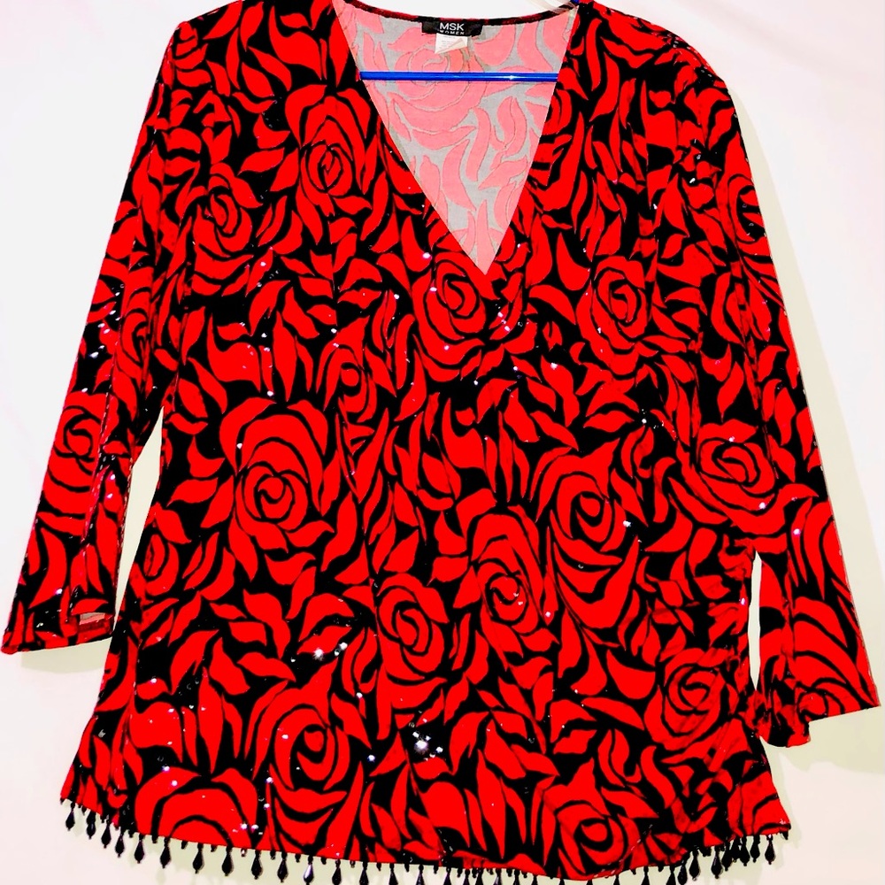 Vintage Rose MSK Women Red & Black with plus sequins & beaded hem made USA